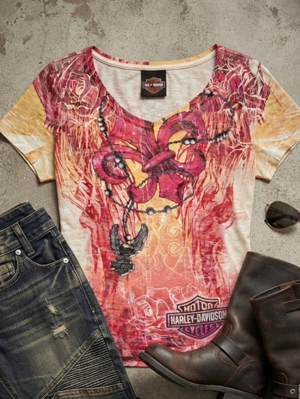 Harley Davidson Red Orange Pink Burnout Graphic Print Short Sleeve Top